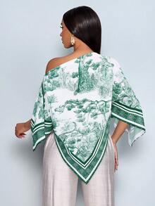 SOLERSUN 女士秋冬休闲优雅不对称领长袖不对称下摆衬衫，时尚复古日落假日印花蝙蝠袖上衣，新款上市，百搭，适合秋冬、日常通勤、外出穿着 - 墨綠色 - 查看 2