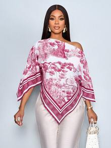 SOLERSUN 女士秋冬休闲优雅不对称领长袖不对称下摆衬衫，时尚复古日落假日印花蝙蝠袖上衣，新款上市，百搭，适合秋冬、日常通勤、外出穿着 - 酒紅色 - 查看 5