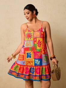 Travachic Plus Size Sleeveless Colorful Vintage Ruffle Hem Summer Dress
