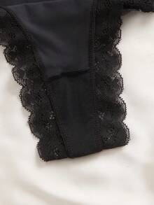 Romantic Series High Elastic Lace Trim Ladies Thong Panty - Black - View 5