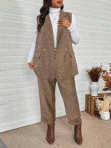 SHEIN LUNE 大码女式格子衬衫领双排扣无袖外套和裤子休闲两件套，秋季感恩节女装，新年女装，冬季连衣裙，冬季服装，女士狂欢派对服装，新年夜服装，办公室穿着，新年女装，派对，商务休闲女装 - 卡其色 - 查看 5