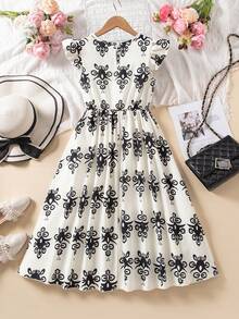 SHEIN Explorewe Đầm dài tay ngắn, thắt eo, họa tiết hoa retro dành cho bé gái tuổi teen - màu đen - Xem 2