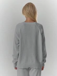 MUSERA 宽松圆领柔软针织套头衫，仅上衣，舒适可爱休闲，适合咖啡俱乐部春季穿着。 - 灰色 - 查看 2