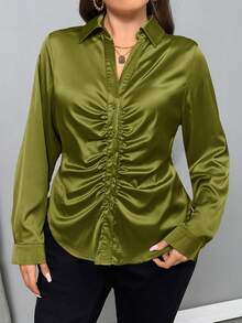 Firerie 大码优雅纯色褶皱设计衬衫，派对服饰 - 綠色 - 查看 4