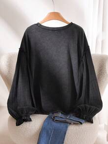 CosyJoli Women's Plus Size Knitted Round Neck Washed Black Drop Shoulder Long Sleeve Regular T-Shirt - Black - View 2