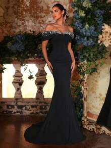 Glamrae 优雅黑色高弹针织极简露肩奢华手工串珠高腰修身美人鱼尾拖尾正式礼服，适合所有正式场合，正式晚礼服 - 黑色 - 查看 5