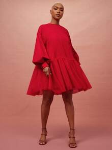 Vixey 红色落肩灯笼袖衬衫裙，配薄纱罩衫 - 紅色 - 查看 1