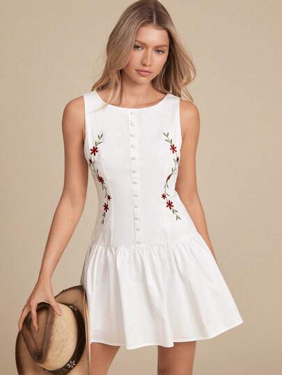 WESTFADE Round Neck Button Front Drop Waist Floral Embroidered Fit & Flare 100% Cotton Mini Dress Winter, Spring, Resort, Valentine's Day, Cute, Boho, Nashville, Cowgirl, Western Wear, Vacation