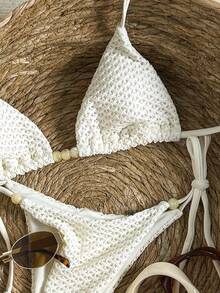 Swim Mod Women's Textured Beaded Halter Bikini Set, Spring/Summer - Beige - View 3