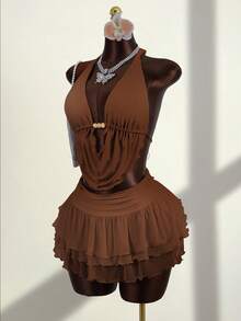 Zestiva Bộ đồ bơi 3 món dành cho nữ gồm áo bikini buộc dây phía trước đính hạt và chân váy xếp ly cạp cao, thích hợp cho mùa xuân/hè. - màu nâu - Xem 1