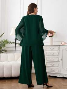 Reflora 大码纯色简约圆领长袖上衣和裤子两件套 - 綠色 - 查看 2