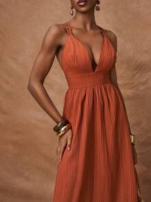 Zivah Vestido feminino de cor sólida com textura, costas abertas, babados na barra e cintura marcada. Ideal para férias, festas, casamentos, estilo boho, deslocamentos diários e brunch. - Ferrugem Marrom - Ver 8
