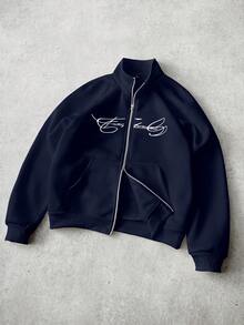 PAVTROS 男士街头风流行INS风FREEDOM印花拉链套头卫衣，适合户外音乐节、夜店、酒吧等场合，可作为男友/老公礼物、周年纪念礼物，白色插肩袖套头卫衣 - 藏蓝色 - 查看 1