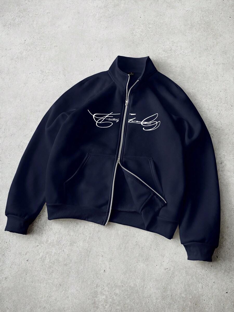 PAVTROS 男士街头风流行INS风FREEDOM印花拉链套头卫衣，适合户外音乐节、夜店、酒吧等场合，可作为男友/老公礼物、周年纪念礼物，白色插肩袖套头卫衣 - 藏蓝色 - 查看 1