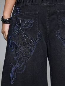 ROMWE Grunge Punk Quần jean ống đứng Punk Distressed Cross & Vine Washed Plus Size dành cho nữ - màu đen - Xem 6