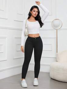 SHEIN PETITE 女士休闲修身纯色日常牛仔裤 - 黑色 - 查看 5