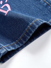 SHEIN 时尚休闲宽松水洗柔软爱心图案印花牛仔裤，适合少女夏季穿着