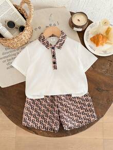 SHEIN 2pcs/Set Young Boys Casual Comfortable Retro College Pattern Full Print Shorts & White Short Sleeve Polo,Summer,School,Back-To-School Fashion Outfit - White - View 8