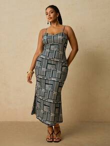 Travachic Plus Size Women African Geometric Pattern Camisole Knit Dress With Mesh Shawl 2 Pieces Set - Royal Blue - View 5