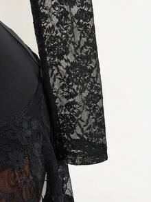 Mistrie Women's Summer Lace Slim Fit Irregular Hem Long Sleeved Round Neck See Through Sexy Black T-Shirt, Women's Summer Black Lace Skin Friendly Breathable Material, Side Seam Pleated Design, Irregular Hem Design. Women's Summer Top, Black Thin And Refreshing Lace Black Top, Women's Summer Matching,Beach For Women - Black - View 5