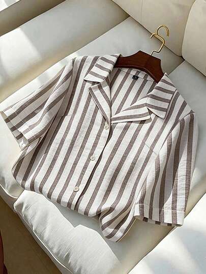 Franclia Plus Size Women's New Casual Striped Shirt, Loose Linen-Like Short Sleeve Blouse, Elegant Vacation Comfortable Shirt, Spring/Summer