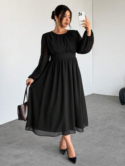 Firerie Plus Size Women Solid Color Round Neck Lantern Sleeve Pleated Waist Elegant Dress