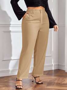 SHEIN Frenchy 秋冬季大码纯色西装裤 - 卡其色 - 查看 10