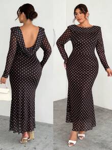 Firerie Vestido largo con espalda descubierta y dobladillo de cola de pez con lunares de café para mujer de talla grande, vestido de lunares blancos sobre base de café, vestido de malla elástica con forro, elegante para uso diario, viajes, fiestas, adecuado para primavera, otoño, invierno, elegante, viajes, citas, fiestas, bodas, graduaciones, actuaciones, conciertos, trabajo, reuniones anuales, vestido de cumpleaños para mujer - Café integral - Ver 8