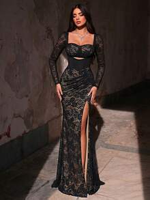 Glamrae 优雅奢华的薄纱长袖弹力蕾丝性感露背褶皱鱼尾连衣裙，适合婚礼、活动、派对、度假、盛会、正式场合（重磅）、情人节 - 黑色 - 查看 6