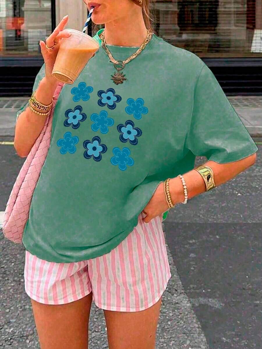 Playera casual de mujer con estampado floral azul – confortable, fresca y con estilo - Verde Oliva - Ver 1