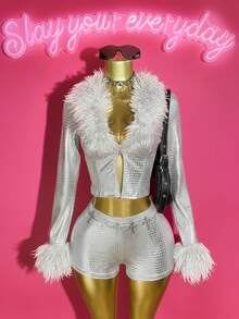 Slaydiva 2025夏季新品，适合生日派对、返校、校园风、日常穿着、休闲、度假、邮轮旅行、海滩、日光浴、性感夜店等场合，长袖毛领拼接短款开衫外套搭配紧身短裤，酒红色蛇纹箔面面料，女士两件套 - 銀色 - 查看 5