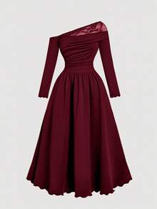 SHEIN MOD Đầm trễ vai phối ren màu đỏ tía cổ điển cỡ lớn dành cho phụ nữ - Màu Đỏ Sâu - Xem 5