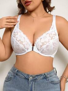 1pc Women Plus Size Front Closure Lace Patchwork Wireless Bra - White - View 8