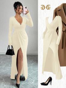 Elenzga Đầm dự tiệc thanh lịch màu trơn dành cho nữ, cổ chữ V sâu, xếp ly, xẻ tà. - Màu Khaki - Xem 1