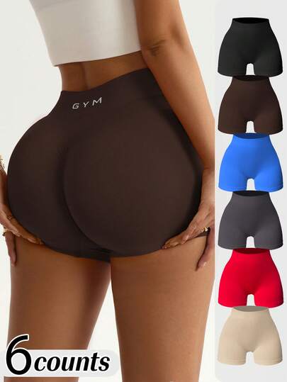 Velisys 6pcs Sports Shorts Set, Black, Dark Grey, Dark Coffee, Red, Khaki, Navy, Elastic Waist, Seamless Knit, Comfortable For Yoga, Fitness, Outdoor