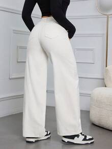 SHEIN ICON 女士高腰带口袋阔腿宽松休闲百搭牛仔裤 - 杏色 - 查看 2