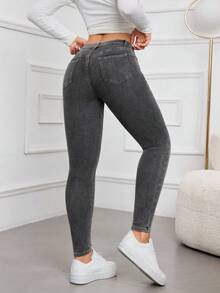 SHEIN PETITE Women's Pocket Skinny Casual Versatile Commuter Jeans - Grey - View 2