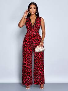 SOLERSUN Women's Contrast Lace Leopard Print Deep V Sleeveless Wide Leg Jumpsuit, Elegant For Commuting And Casual Dating, Sexy & Romantic - Red - View 5