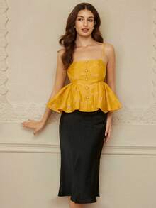 BELROSIE Women's Sleeveless Top With Floral Jacquard Pattern, Cute & Sweet Girly Style, Pearl Button Decor, Ruffle Hem - Yellow - View 4