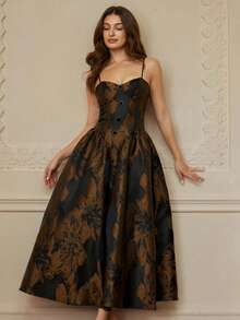 Revavyn 咖啡色提花收腰褶裥连衣裙，金属扣设计，优雅浪漫迷你连衣裙，女士款 - 彩色 - 查看 5