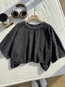 Comfortcana Plus Size Short Sleeve Washed Cotton T-Shirt, Spring Crop Tops - Black - View 4