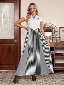 Women's Western Casual White Denim Effect Patchwork Black & White Striped Adjustable Strap Dress, LanaWest - White - View 5