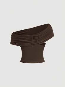 SHEIN MOD 三穿式女士休闲纯色修身上衣，适合夏季穿着，高领设计，露肩款式，美观大方，适合节日、乡村、海滩度假、下午茶聚会、晚宴等场合，风格端庄，可爱俏皮。 - 咖啡棕 - 查看 5