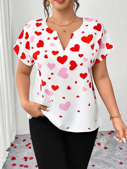 Linhara Große Größen Elegantes romantisches Hemd mit Herzprint für Damen, geeignet für Valentinstag, Dates und den Alltag