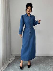 Elenzga 女士休闲水洗长款牛仔连衣裙 - 藍色 - 查看 4