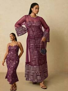 Travachic Conjunto de 2 piezas de vestido de punto con camisola de mujer talla grande con patrón geométrico africano y chal de malla - Rojo violeta - Ver 1