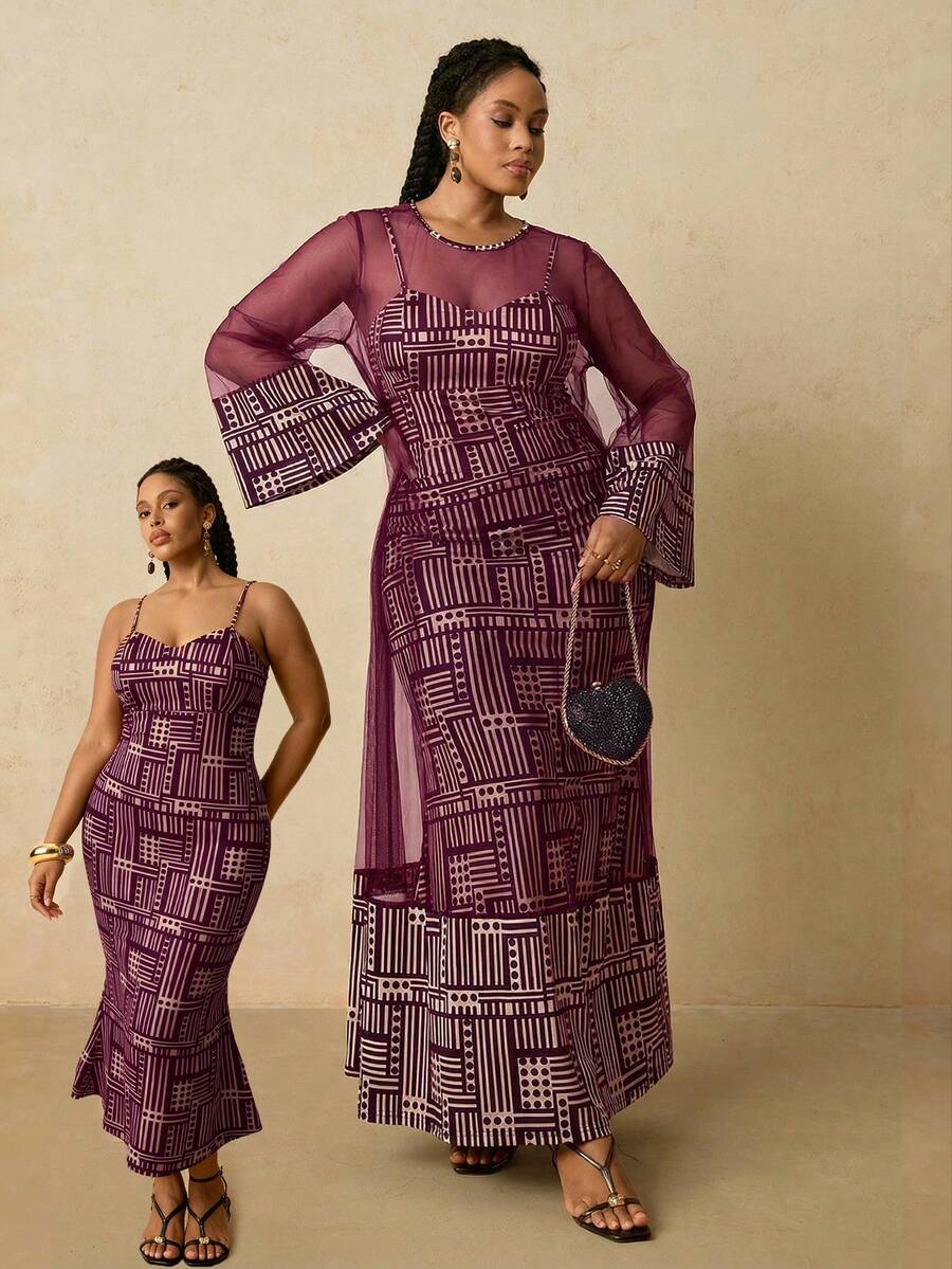 Travachic Conjunto de 2 piezas de vestido de punto con camisola de mujer talla grande con patrón geométrico africano y chal de malla - Rojo violeta - Ver 1