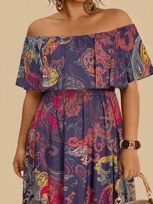 Travachic Gaun Maxi Ukuran Plus Motif Paisley Bohemian dengan Bahu Terbuka dan Hem Berkerut, Gaun Bunga Biru Tua untuk Wanita, Gaun Liburan Musim Panas Gaya Boho untuk Tamu Pernikahan - MultiWarna - View 6