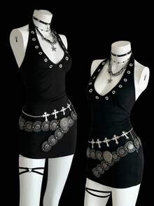 EgrlEra Metal Studded Deep V-Neck Sleeveless Mini Dress For Women - Black - View 3