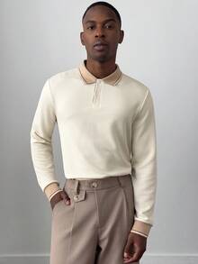 HUEFORM 男士 Ole Money 长袖纹理面料撞色 Polo 衫，适合外出和通勤穿着，杏色针织 Polo 衫，纽扣款 - 杏色 - 查看 8